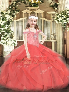 Coral Red Tulle Lace Up Off The Shoulder Sleeveless Floor Length Pageant Gowns For Girls Beading and Ruffles