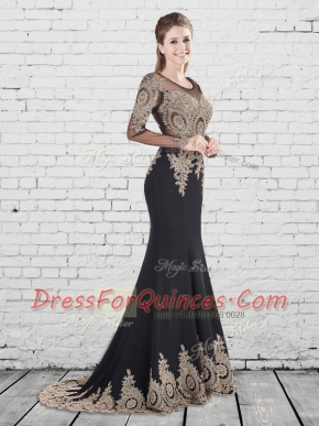 Artistic Scoop With Train Mermaid Long Sleeves Black Prom Dresses Brush Train Lace Up
