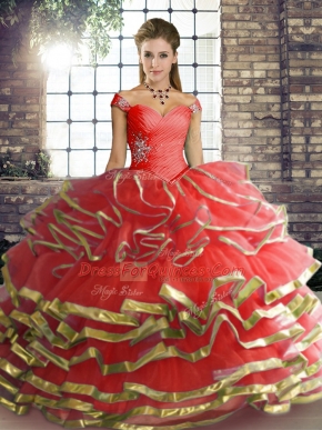 Fine Coral Red Off The Shoulder Lace Up Beading and Ruffled Layers Sweet 16 Quinceanera Dress Sleeveless