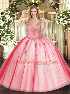 Coral Red Ball Gowns Beading Quince Ball Gowns Lace Up Tulle Sleeveless Floor Length