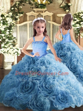 Hot Selling Fabric With Rolling Flowers Straps Sleeveless Lace Up Appliques Kids Formal Wear in Baby Blue