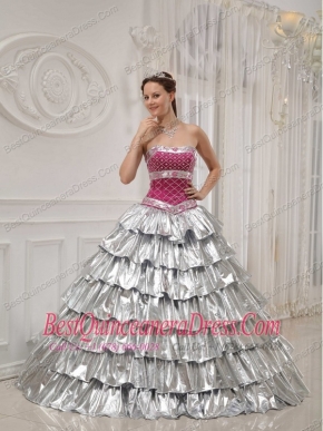 Silver and Fuchisa A-line / Princess Strapless Floor-length Taffeta Beading Quinceanera Dress