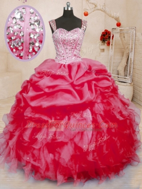 Fancy Sleeveless Floor Length Beading and Ruffles and Pick Ups Lace Up Sweet 16 Dresses with Coral Red