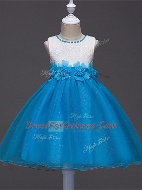 Lace and Hand Made Flower Little Girls Pageant Dress Wholesale Baby Blue Zipper Sleeveless Knee Length