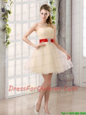 A Line Belt Strapless Junior Dress with Mini Length