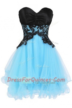 New Style Blue And Black Tulle Lace Up Sweetheart Sleeveless Mini Length Appliques