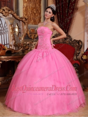 Rose Pink Ball Gown Strapless Floor-length Tulle Appliques with Beading Quinceanera Dress