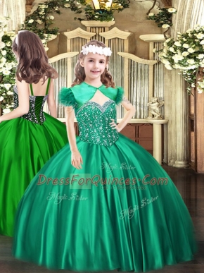 Exquisite Turquoise Ball Gowns Satin Straps Sleeveless Beading Floor Length Lace Up Little Girl Pageant Dress