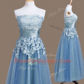 Sleeveless Lace Up Tea Length Appliques Quinceanera Dama Dress