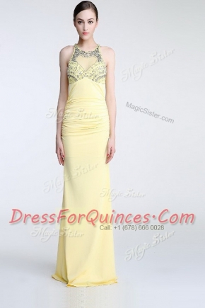 Great Scoop Beading and Ruching Prom Dresses Light Yellow Criss Cross Sleeveless Floor Length