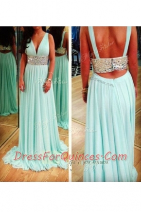 Designer Aqua Blue Sleeveless Floor Length Beading Backless Prom Dress