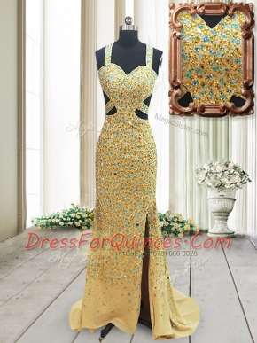 Straps Sleeveless Brush Train Backless Beading Prom Gown
