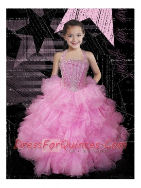 Cute Ball Gown Halter Pink Little Girl Pageant Dress with Beading