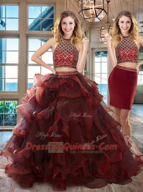 Deluxe Halter Top Sleeveless Brush Train Backless Quinceanera Gown Burgundy Tulle