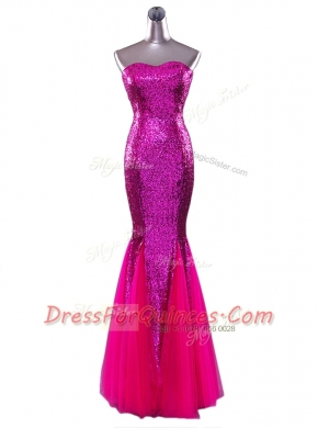 Glittering Mermaid Floor Length Fuchsia Dress for Prom Sequined Sleeveless Sequins