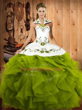 Olive Green Ball Gowns Tulle Halter Top Sleeveless Embroidery and Ruffles Floor Length Lace Up Quinceanera Gown