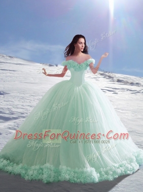 Vintage Off the Shoulder Apple Green Tulle Lace Up 15th Birthday Dress Sleeveless Court Train Hand Made Flower
