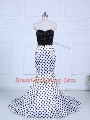 Traditional White And Black Printed Zipper Sweetheart Sleeveless Casual Dresses Brush Train Lace