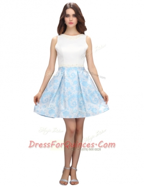Dazzling Scoop Printed White Sleeveless Mini Length Beading and Pattern Zipper Evening Dress