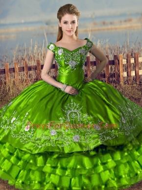 Green 15th Birthday Dress Sweet 16 and Quinceanera with Embroidery and Ruffled Layers Off The Shoulder Sleeveless Lace Up