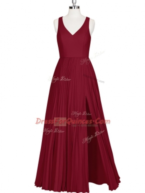 Custom Fit V-neck Sleeveless Floor Length Pleated Wine Red