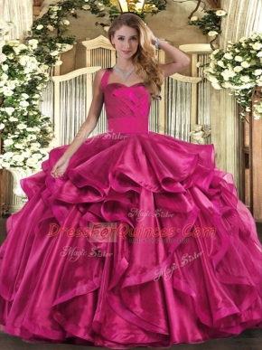 Fuchsia Ball Gowns Halter Top Sleeveless Organza Floor Length Lace Up Ruffles 15th Birthday Dress