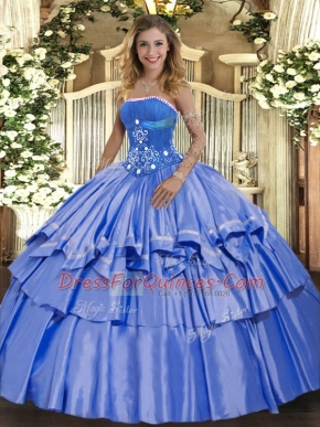 Hot Selling Blue Ball Gowns Organza and Taffeta Strapless Sleeveless Beading and Ruffled Layers Floor Length Lace Up 15th Birthday Dress