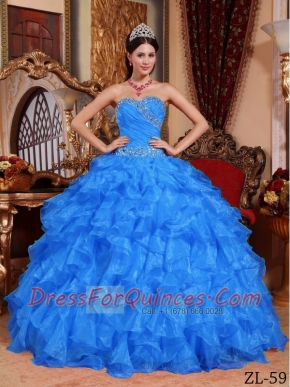 Affordable Aqua Blue Sweetheart Beading Organza Beading Ball Gown Dress