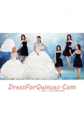White Ball Gown Quinceanera Dress and Black Sweetheart Short Dama Dresses and Beading and Ruffles Little Girl Dress