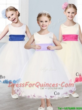 New Scoop Tulle Flower Girl Dress with Sashes and Appliques