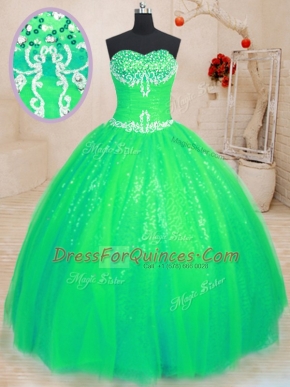 Floor Length Lace Up Sweet 16 Dress Green for Military Ball and Sweet 16 and Quinceanera with Beading