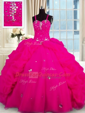 Fuchsia Sleeveless With Train Beading Lace Up Quinceanera Gown