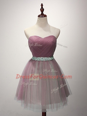 Pink Lace Up Sweetheart Beading and Ruching Quinceanera Dama Dress Tulle Sleeveless
