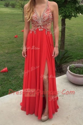 New Style Red Sleeveless Floor Length Beading Backless Prom Evening Gown