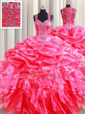 Free and Easy Zipper Up See Through Back Hot Pink Straps Zipper Beading and Ruffles and Pick Ups Sweet 16 Dress Sleeveless