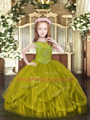 Tulle Scoop Sleeveless Zipper Beading and Ruffles Little Girl Pageant Gowns in Olive Green