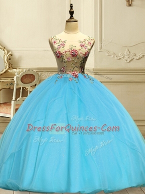 Latest Baby Blue Ball Gowns Scoop Sleeveless Organza Floor Length Lace Up Appliques Ball Gown Prom Dress