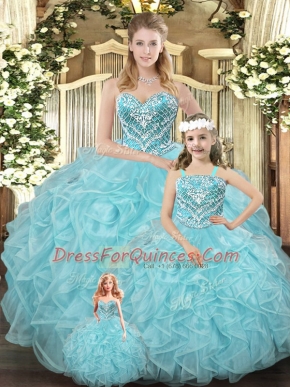 Modern Organza Sleeveless Floor Length Quince Ball Gowns and Beading and Ruffles
