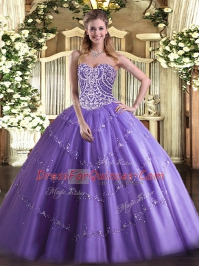 Lavender Ball Gowns Beading 15th Birthday Dress Lace Up Tulle Sleeveless Floor Length
