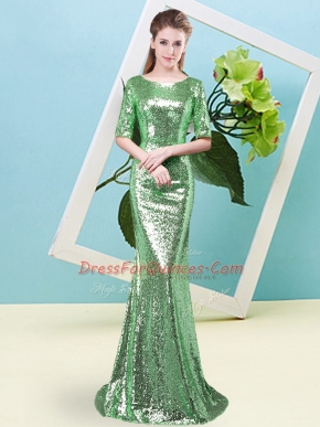 Green Zipper Scoop Sequins Prom Gown Sequined Half Sleeves