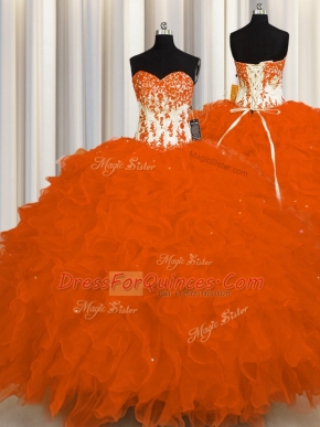 Custom Made Orange Red Quince Ball Gowns Military Ball and Sweet 16 and Quinceanera and For with Appliques and Ruffles Sweetheart Sleeveless Lace Up