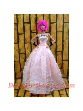 Baby Pink Gown For Barbie Doll With Lace and A-line