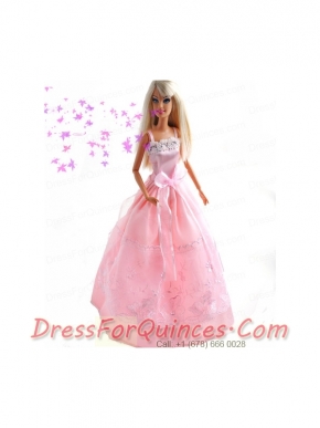 Bowknot Embroidery Princess Pink Barbie Doll Dress