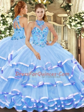 Baby Blue Sleeveless Beading and Embroidery Floor Length Quinceanera Gown