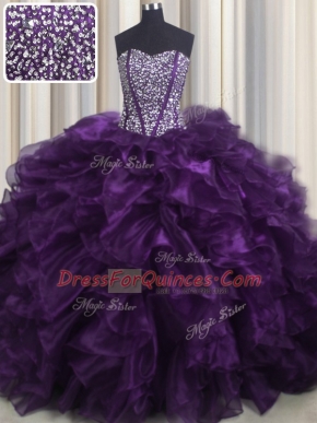 Deluxe Bling-bling Sweetheart Sleeveless Vestidos de Quinceanera With Brush Train Beading and Ruffles Purple Organza