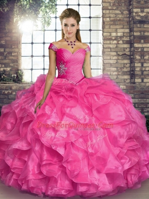Best Selling Floor Length Lace Up Quinceanera Dresses Hot Pink for Military Ball and Sweet 16 and Quinceanera with Beading and Ruffles