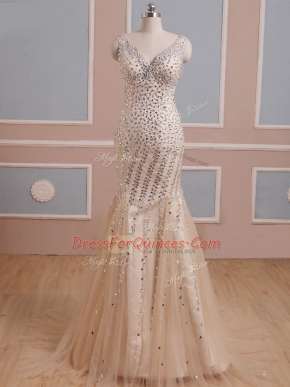 Modest Champagne Prom Gown Tulle Brush Train Sleeveless Beading