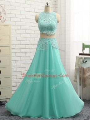 Apple Green Side Zipper High-neck Lace and Appliques Chiffon Sleeveless
