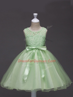 Yellow Green Tulle Zipper Pageant Gowns For Girls Sleeveless Knee Length Lace and Belt