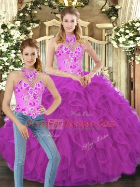 Fine Fuchsia Sleeveless Floor Length Embroidery and Ruffles Lace Up Vestidos de Quinceanera